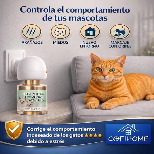 COFIHOME - Diffusore di feromoni lenitivi per gatti - Feromoni per gatti - Pack Familiare - 2 Diffusore + 6 ricariche da 48 ml - Soluzione a Stress Felino - Gatti - 2