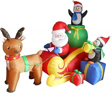 6 FT Long Lighted Christmas Inflatable Santa on Sleigh with Reindeer | Penguins Included, Built-in LED Lights, Self-Inflating Blower, Weather-Resistant, Outdoor Indoor Yard Decoration
