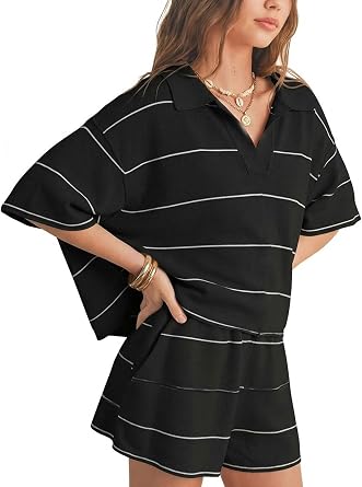 EXLURA Women Summer 2 Piece Outfits Faux Cashmere Sweater Knit Oversized Polo V Neck Top Matching Shorts Vacation Lounge Sets