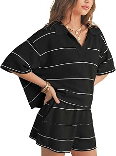 EXLURA Women Summer 2 Piece Outfits Sweater Knit Polo Top Matching Shorts