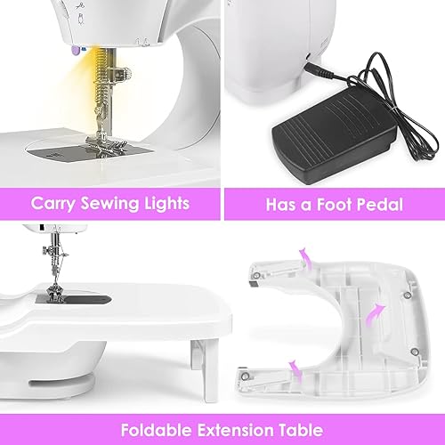 Miniatura 4 de Máquina de coser, máquina de coser portátil con costuras integradas, mini máquina de coser de 2 velocidades con mesa de extensión, adecuada para
