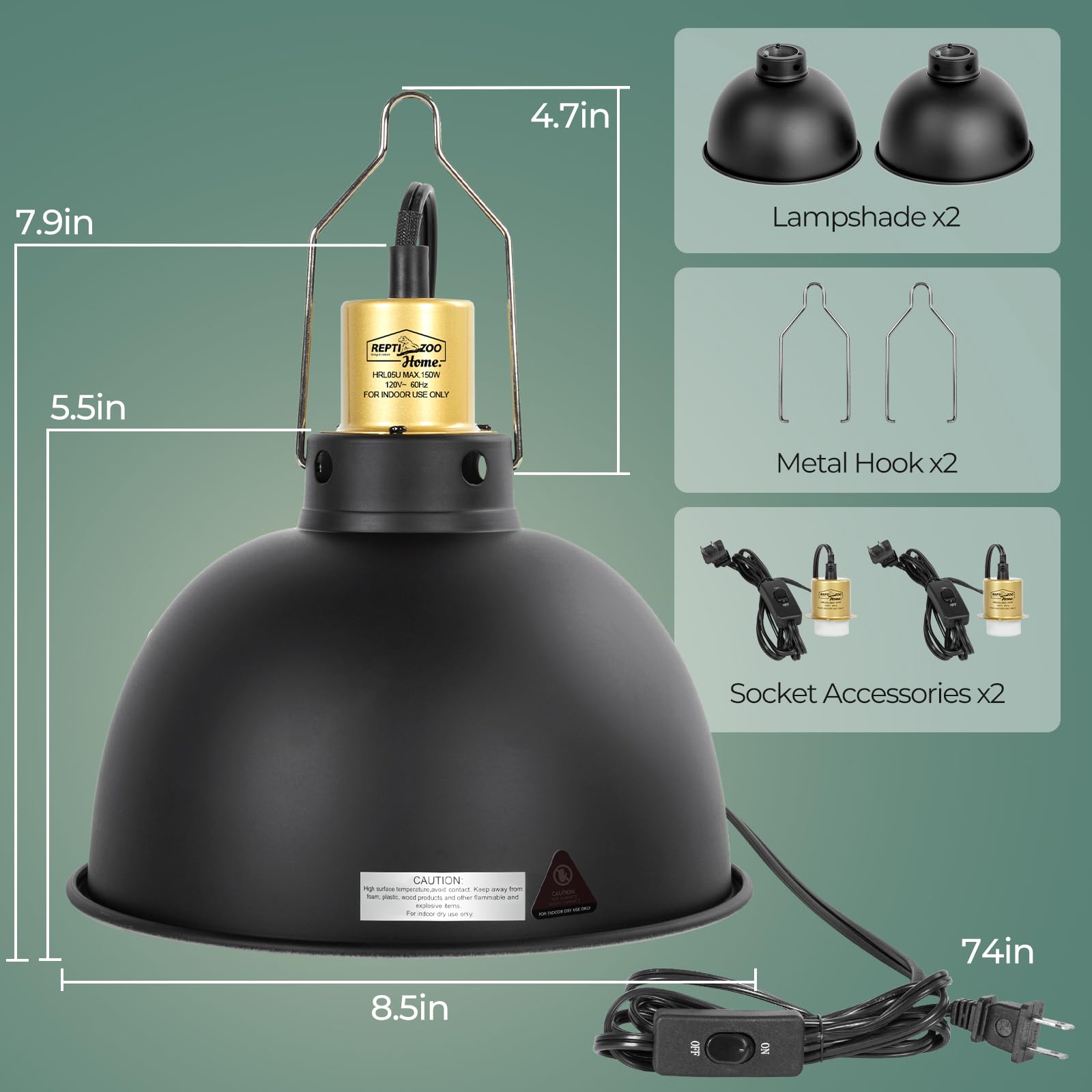 2 Pack Reptile Light Fixture, 8.5in Deep Dome Reptile Heat Lamp Fixture with Switch, Dual Terrarium UVB Basking Light Fixture for Chameleons Chicks, Suitable for E26 Bulbs Up to 150W - image 6