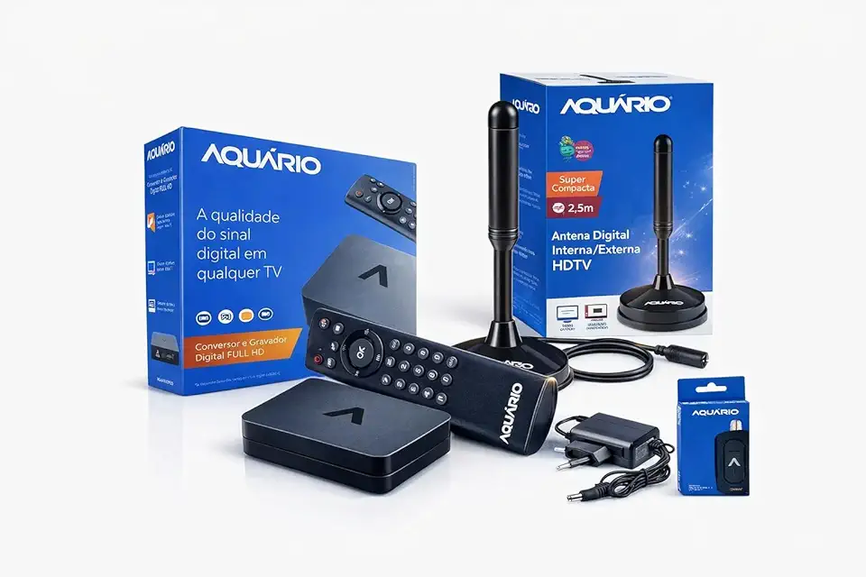 Conversor Digital Marca Aquário DTV-9000 HD para TV Aberta, HDMI e AV, Função Gravação USB, Antena Externa, Booster Incluso