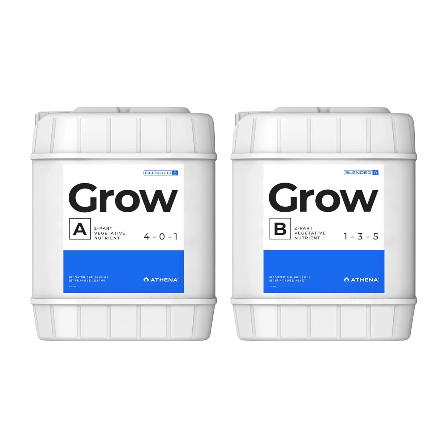 Athena Blended Grow A&B | 2-Part Vegetative Liquid Fertilizer for Hydroponics & Soil | Plant Food for Veg Stage Growth | NPK A 4-0-1 | B 1-3-5 | 32 Ounce