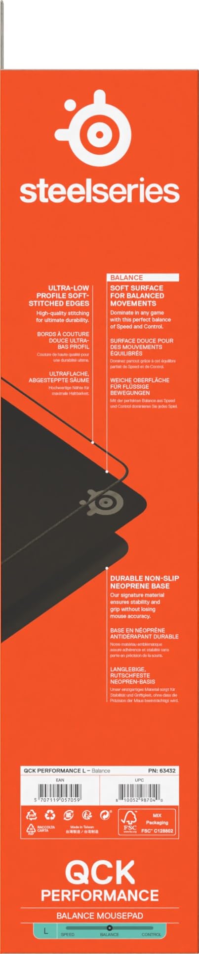SteelSeries tapis de souris gaming QcK L Performance Balance - Densité élevée pour une glisse fluide - Bords cousus à profil bas - Base antidérapante en néoprène - Taille 490 x 420 mm -FPS, MOBAs, RTS