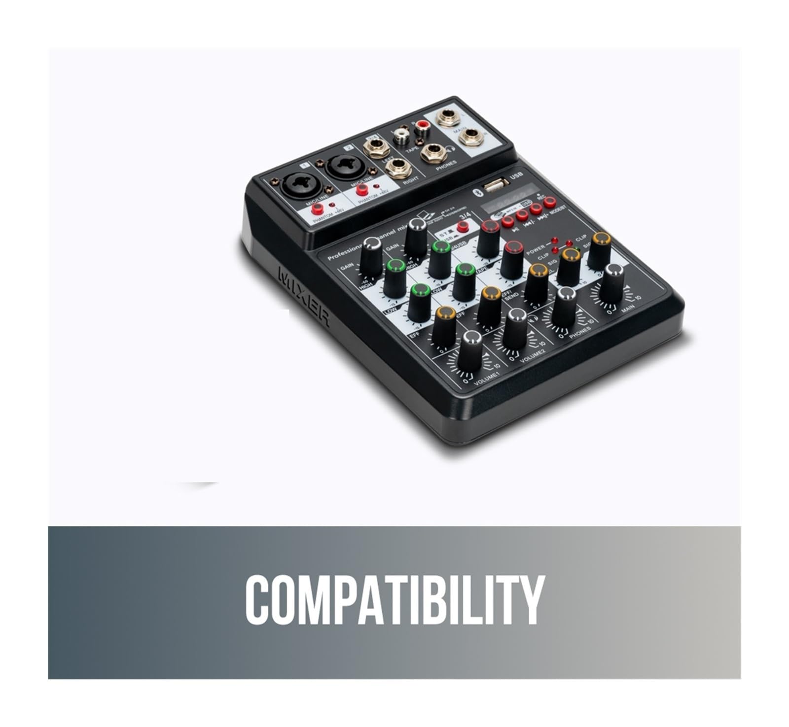Mélangeur audio, Mixeur de son professionnel 4 canaux 48 V Alimentation fantôme Reverb FX Console mixage DJ Lecteur USB Musique Stéréo