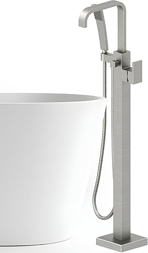 JACUZZI Llenador de bañera cuadrado independiente, grifo cuadrado de níquel cepillado, construcción de latón macizo, cartucho de cerámica, ducha de