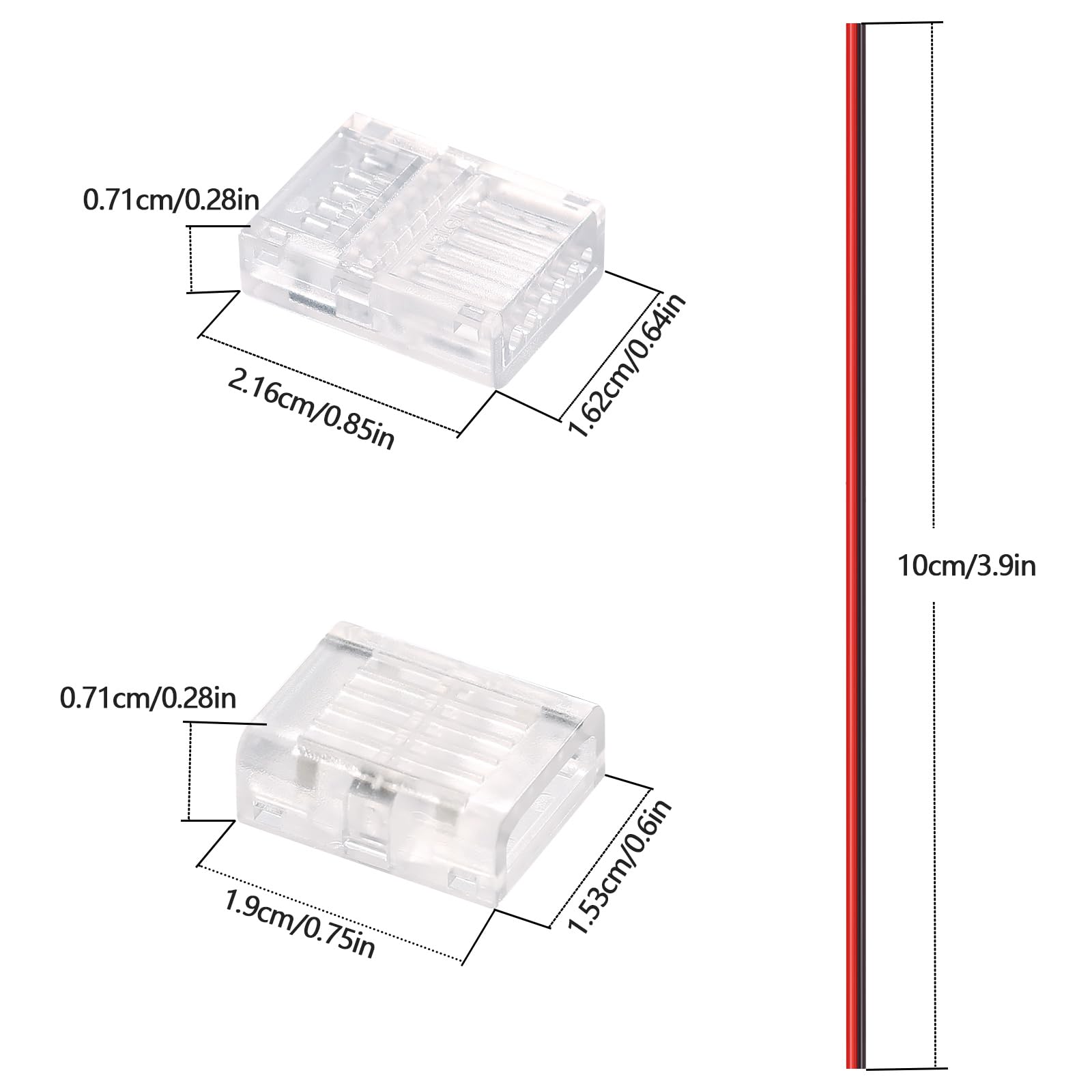 GOMING 12mm Double Row COB LED Strip Connector Kit 8Pcs Strip to Wire Transparent Gapless Connectors 2Pcs Strip to Strip Connectors 4Pcs 10cm Extension Wires for Double Row COB LED Strip - Image 2