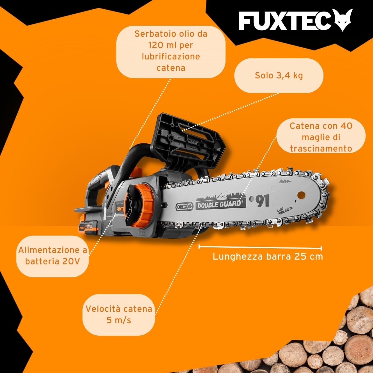 Motosega a batteria 20V FUXTEC FX-E1KS20 – con batteria e caricatore – lunghezza di taglio 24 cm (10 pollici) velocità della catena di 5m/s – leggera e compatta