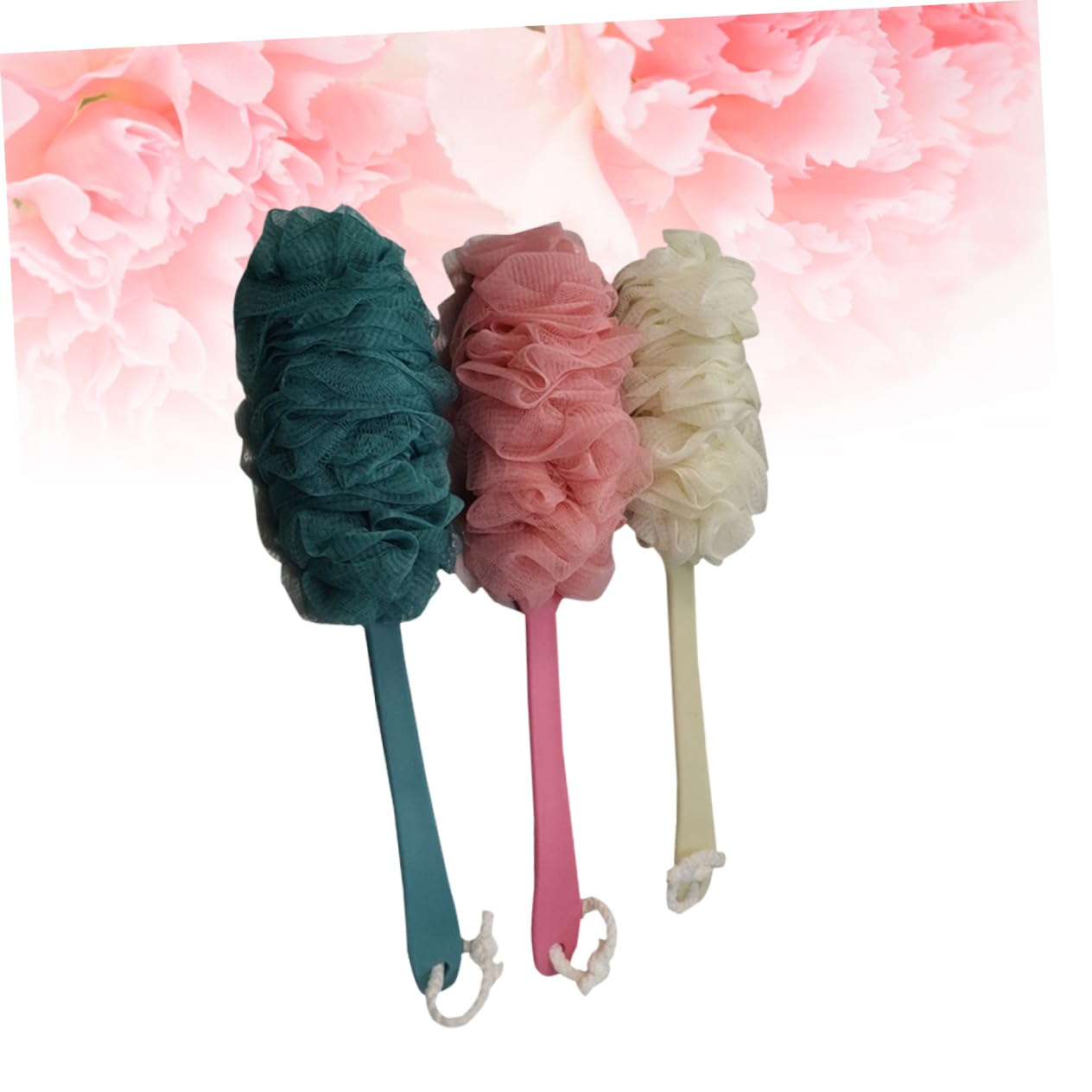 TOVINANNA 3Pc Long Handle Bath Flower Scrubber Soft Exfoliating Shower Sponge for Gentle Cleaning Durable Mesh Gauze Beige for Full Care
