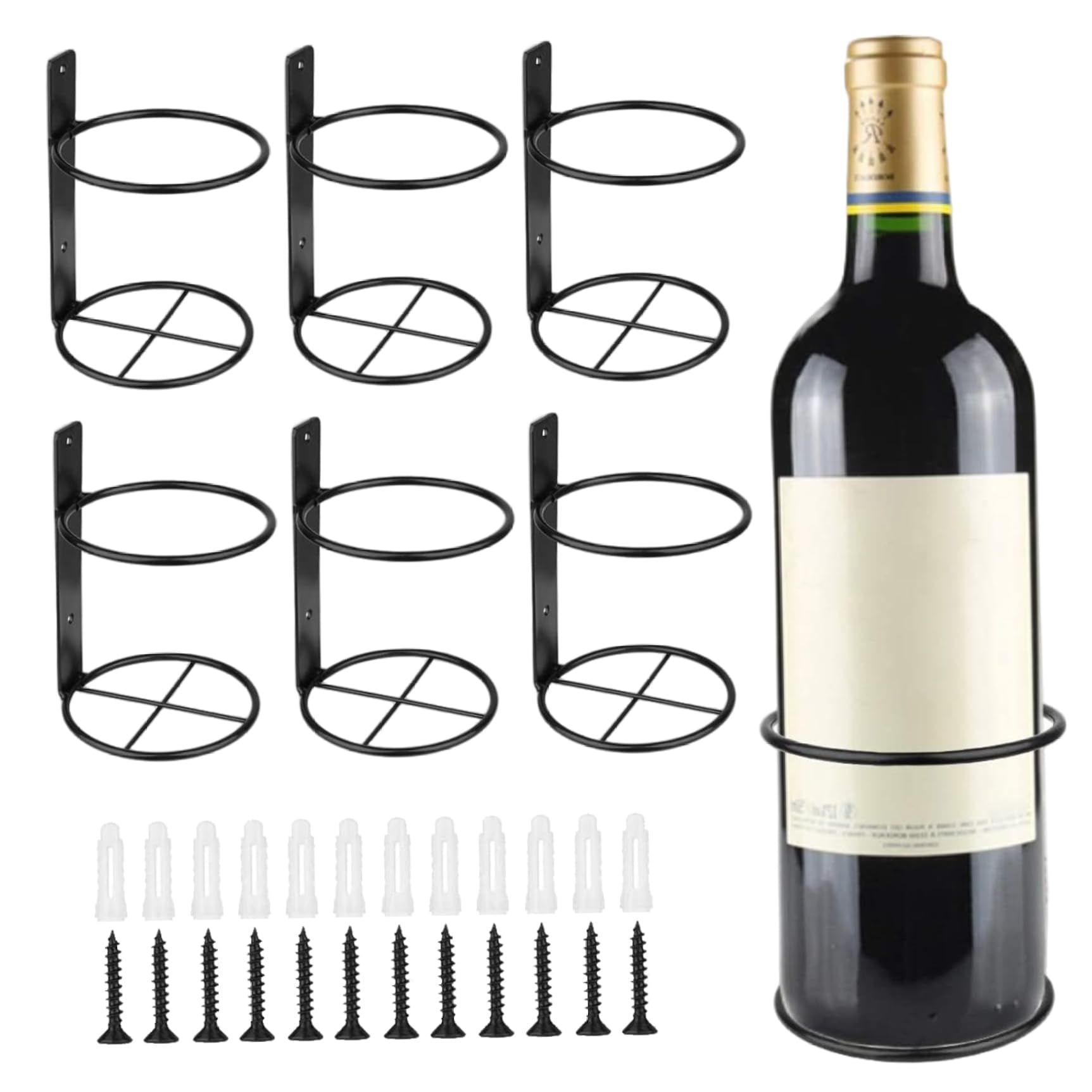 StaZamor 6PCS Wall Mount Metal Wine Bottle Holder with Screws, 3.4 Inch Inner Diameter Hanging Rack for Wine, Liquor, Beverage Bottles