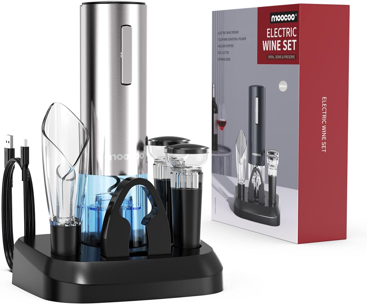 Electric Wine Opener with Charging Base, Moocoo Stainless Steel Automatic Electric Wine Bottle Corkscrew Opener Gift Set with 2-in-1 Aerator & Pourer, Foil Cutter, 2 Vacuum Stoppers, Rechargeable