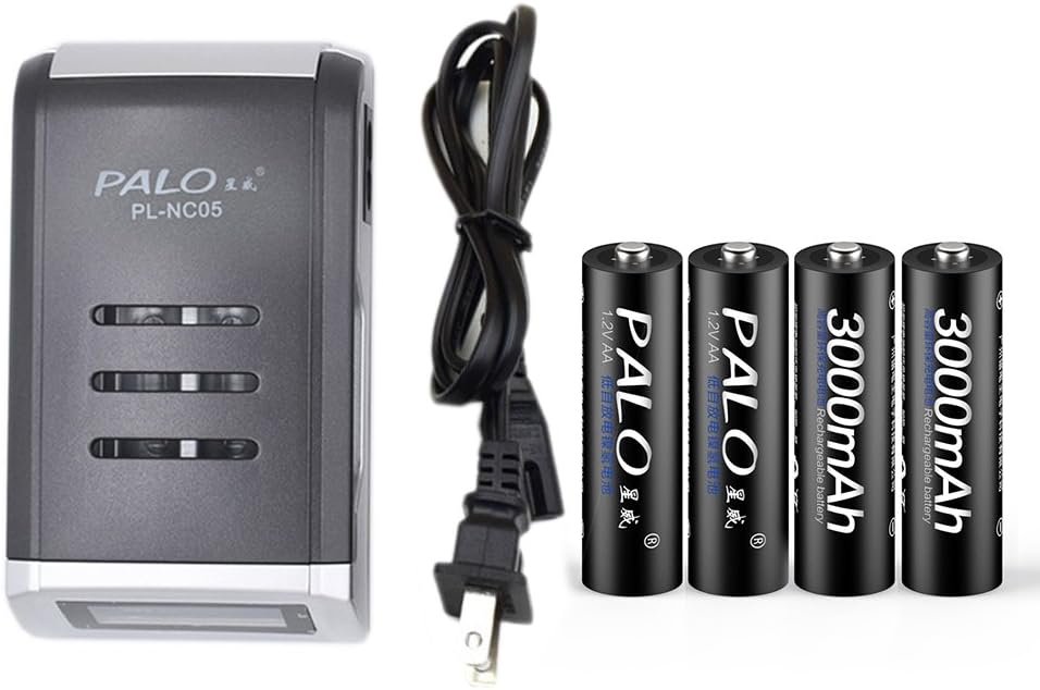 PALO Charger Universal 4 Slots LCD Display Smart Intelligent Battery Charger with 4PCS 3000mAh AA NiCD NiMH Rechargeable Batteries (with 4PCS AA Batteries)