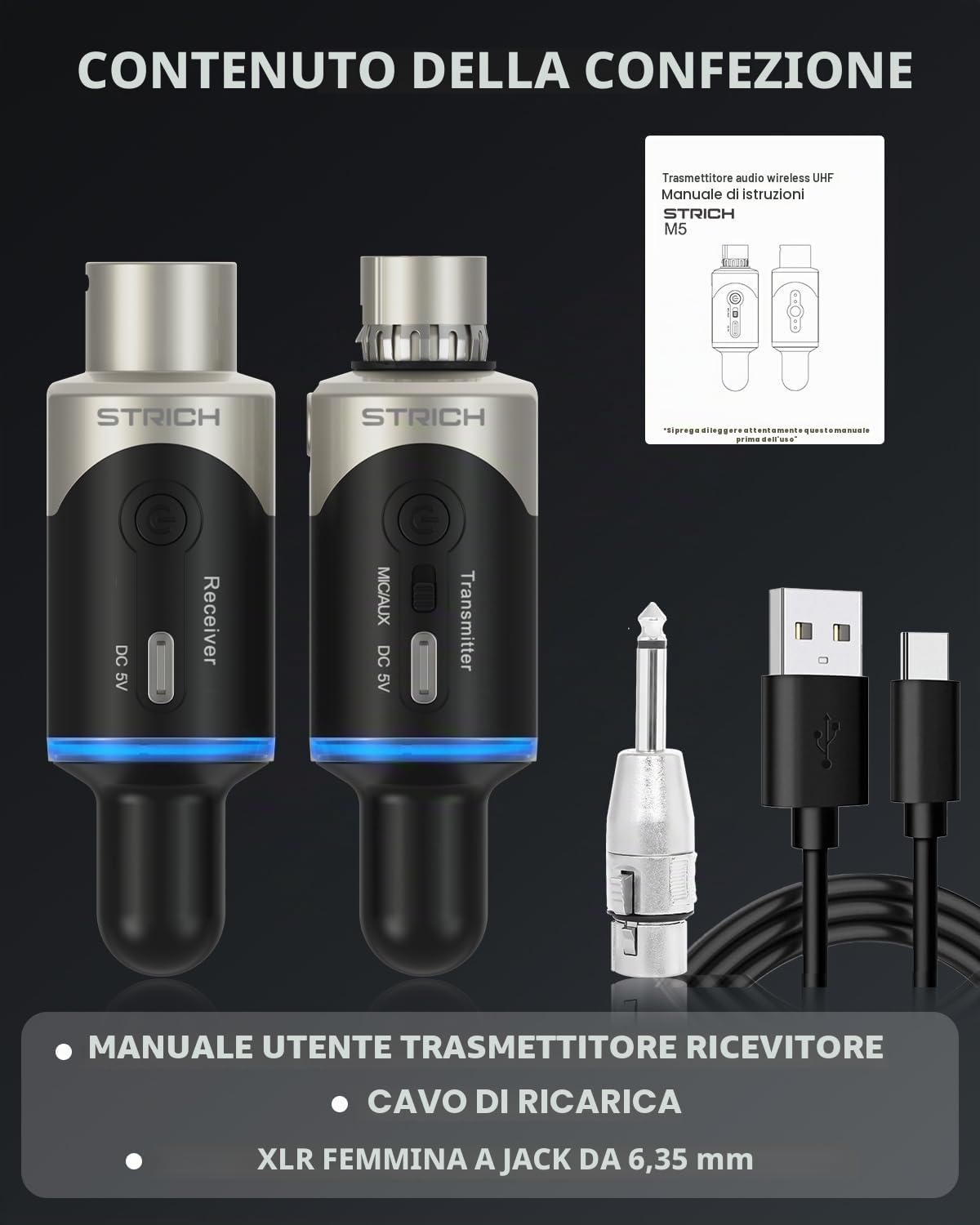 STRICH M5 Sistema Microfonico Wireless UHF XLR, Trasmettitore & Ricevitore 4 Canali per Microfono Dinamico, Raggio 61m, Latenza ＜1ms, Compatibile con Mixer Audio/Lautspeaker PA