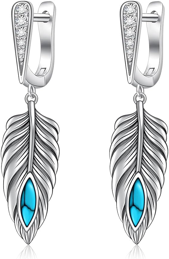 Feather Earrings for Women Sterling Silver Turquoise Feather Dangle Earrings Western Drop Jewelry Gifts for Women