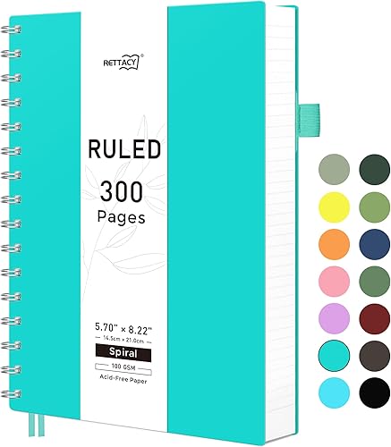 RETTACY Cuaderno de espiral con rayas universitarias, 300 páginas, tamaño A5 mediano (14.5 x 20.8 cm), para la escuela, el trabajo, la escritura, el
