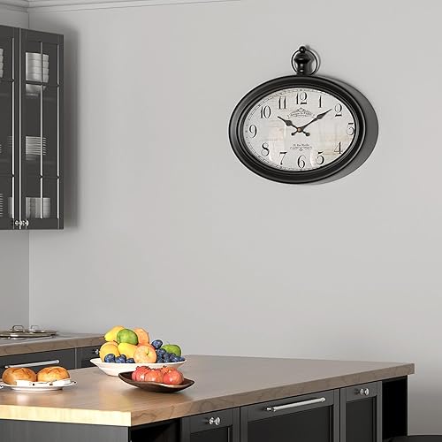 Miniatura 6 de Reloj de pared ovalado retro, estilo antiguo vintage, negro, funciona con pilas, para granja, cocina, dormitorio, baño, oficina, (10.5 pulgadas de