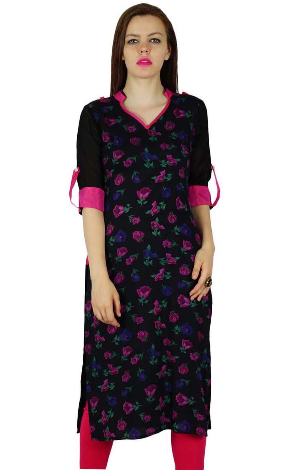 Bimba Women Black Floral Rayon Kurta Kurti Classic Chic Casual Tunic Blouse