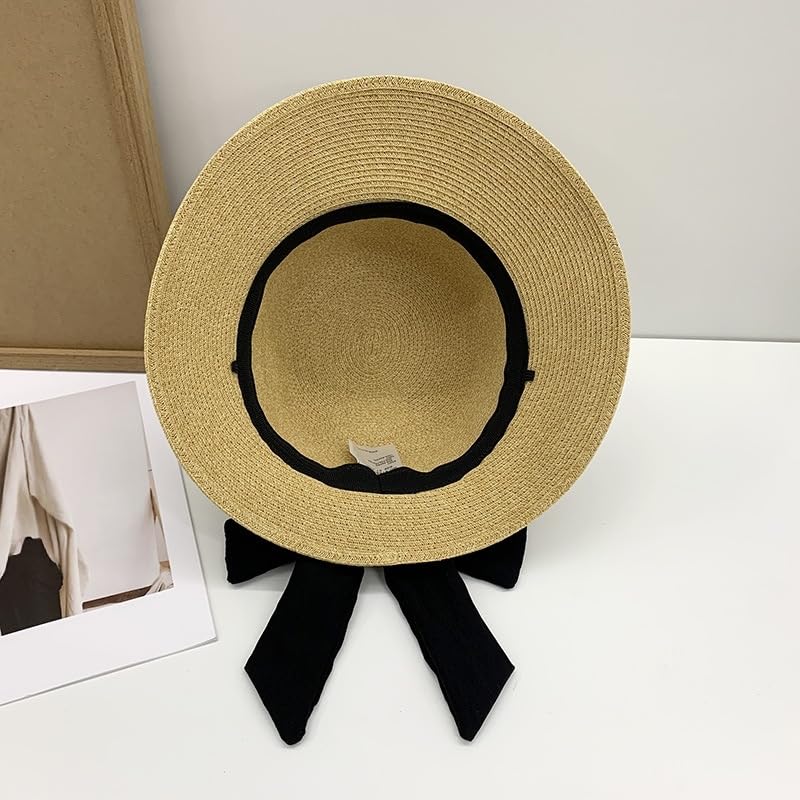 Sombrero de Paja para Mujer - Visera Ajustable de ala Ancha con Lazo Floral y Perla - Protección UV - Cómodo y Transpirable Playa y Actividades Al Aire Libre