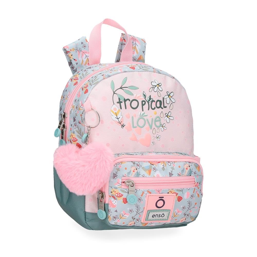 Enso Tropical love mochila escolar, mochilas infantiles, Espalda reforzada con tirantes anchos, ergonómico, fabricada en Poliéster, Incluye pompón decorativo, varios compartimentos