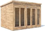 Dunster House Summerhouse 3m x 2.4m Pent Roof, Fully Pressure Treated Timber, 15mm Tongue and Groove, walls Roof and Floor, 4mm Toughened Glass, Superfelt and Fixings Included