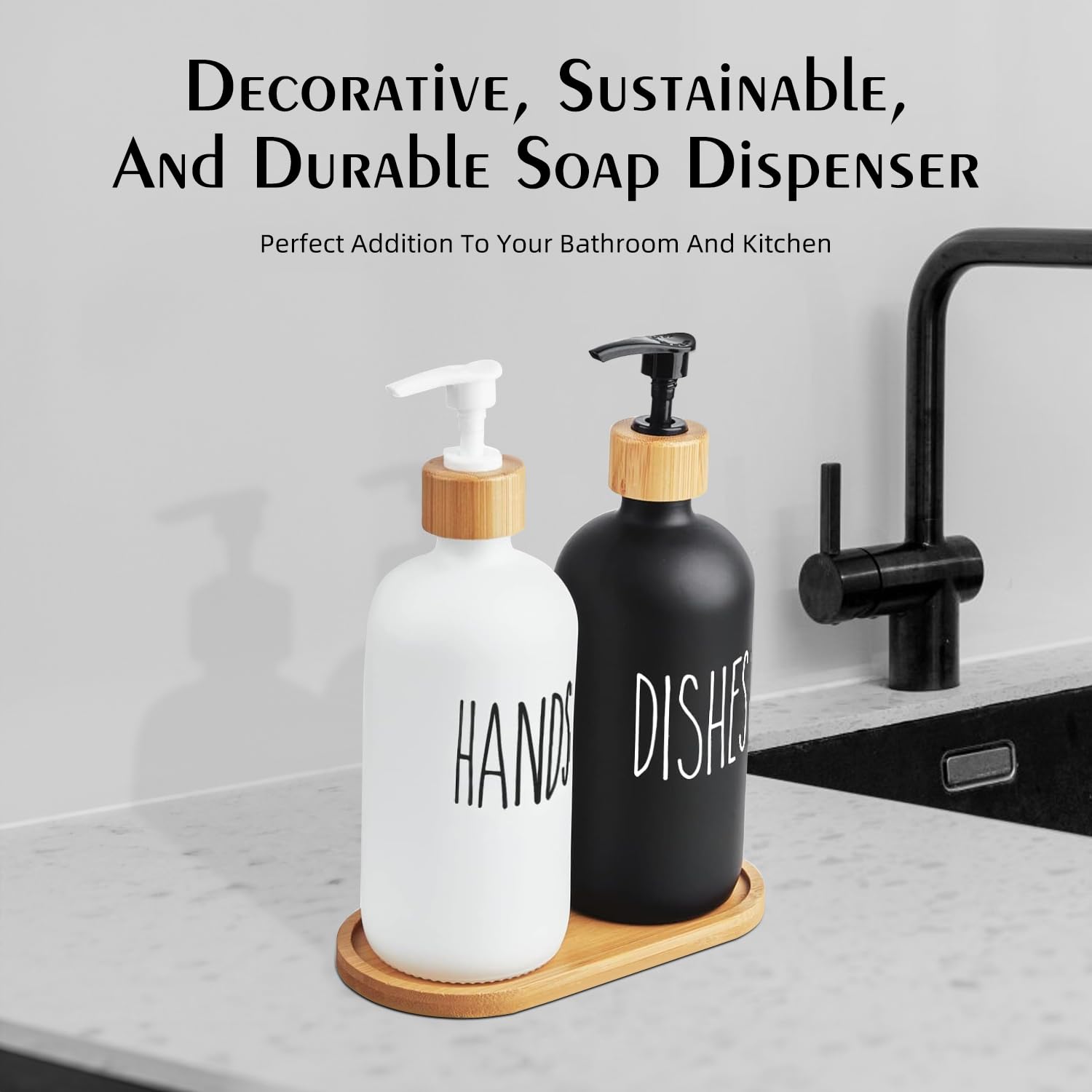 Arktek Set di dispenser di sapone in vetro con vassoio, confezione da 2 dispenser per bottiglie per bagno e cucina, set di dispenser di sapone per piatti, sapone per le mani, lozione da 500 ml (bianco