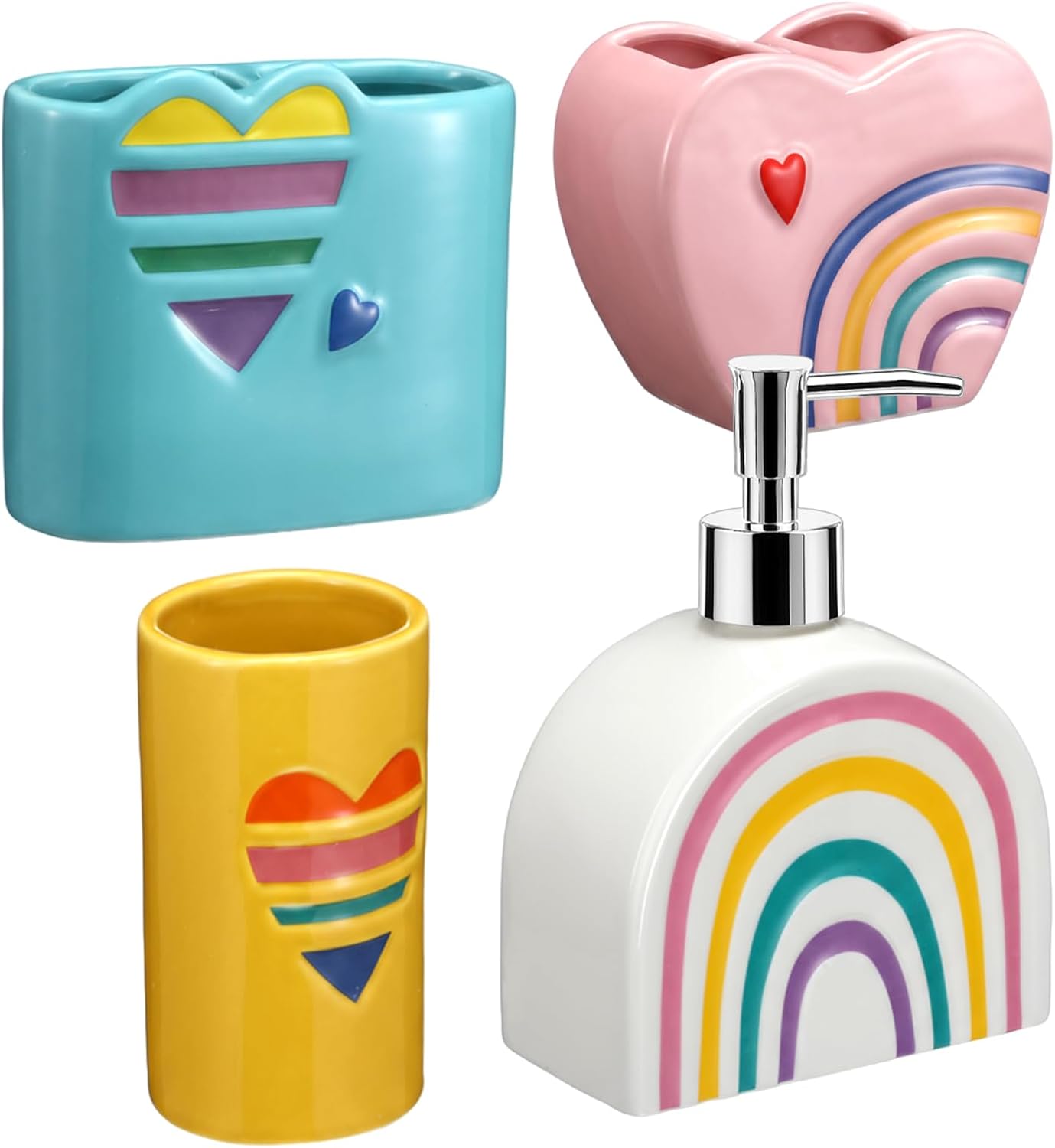Leinuosen 4 Pcs Rainbow Bathroom Accessory Set Rainbow Heart Ceramic Bathroom Accessories Include Lotion Dispenser Toothbrush Holder Ceramic Cup Storage Box Colorful Bath Decor Gift for Girl Women