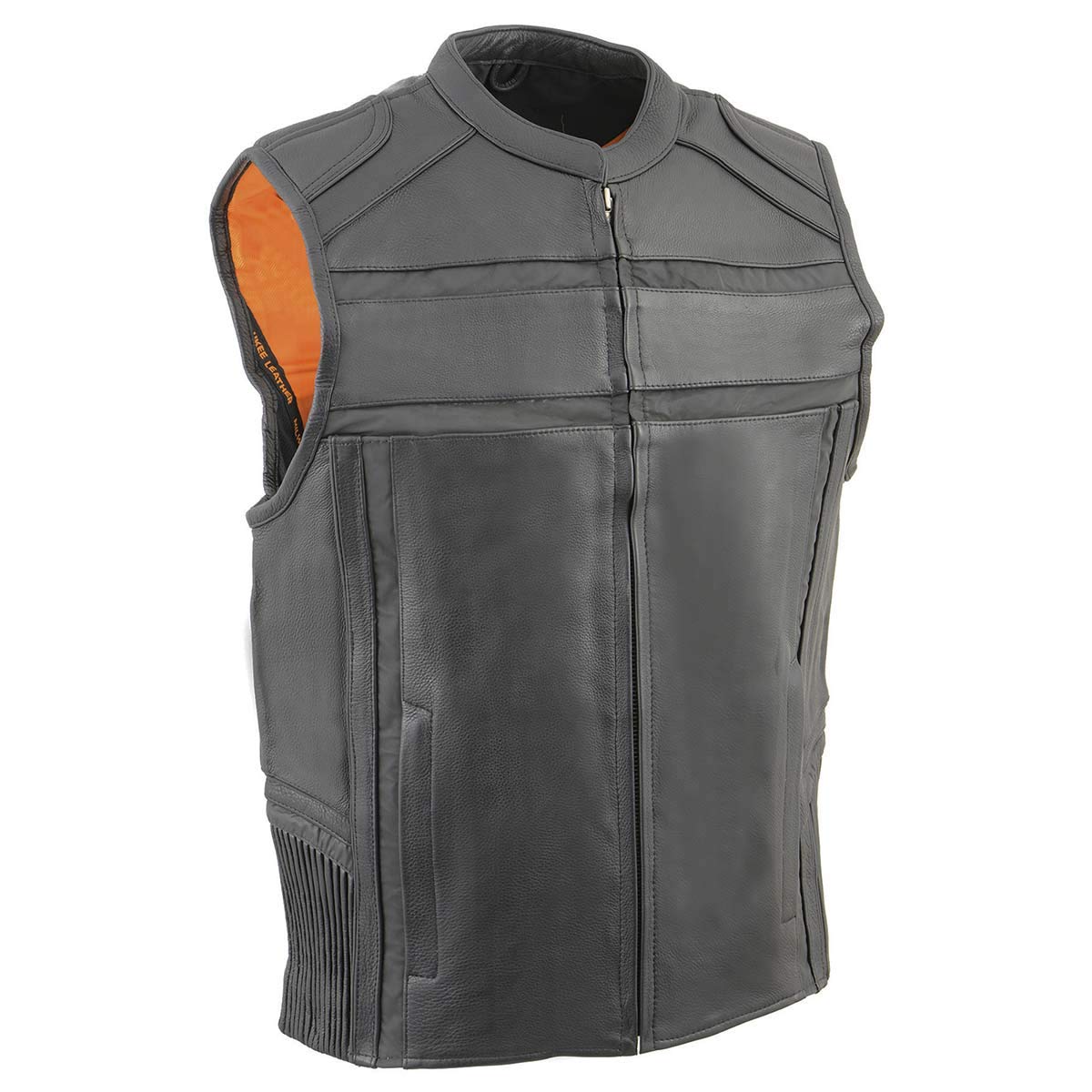 Milwaukee Leather MLM3560 Men's Black Leather Vest - Reflective Piping Elasticized Waist Open Neck Motorcycle Vest - 4X-Large