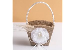 Burlap Jute Rustic Flower Girl Basket with Elegant Pearl Handles