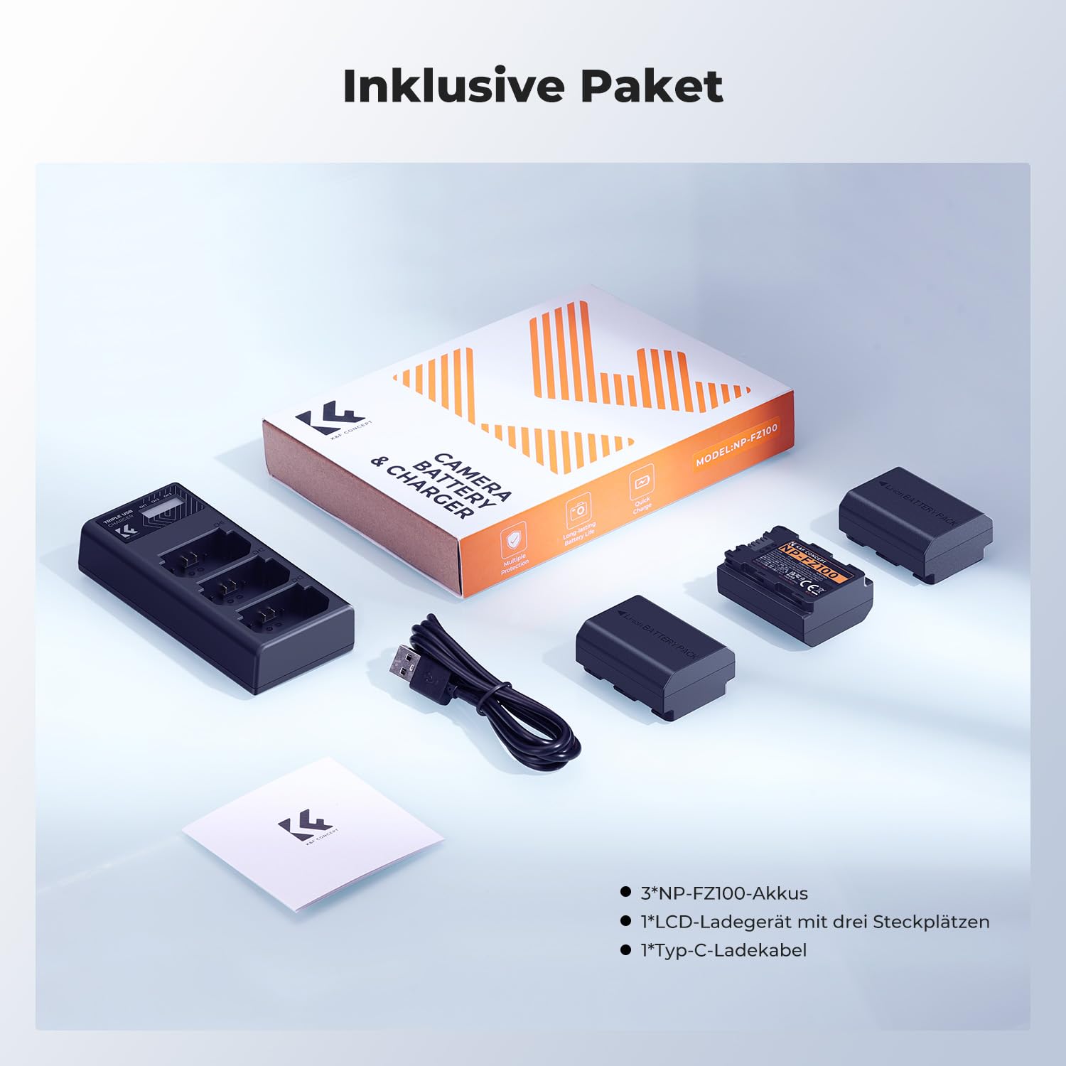 K&F CONCEPT NP-FZ100 Kamera Akkus(3er Pack) mit 3-Slot Ladegerät,2280mAh Batterie für Sony Alpha A7III,A7IV,A7R III/A7R3,A7RIV,A7RV,A7C,A7S III/A7S3,A9,A9II,A6600,A9R,A9R,9S,FX3,FX30,ZV-E1,ZV-E10ii