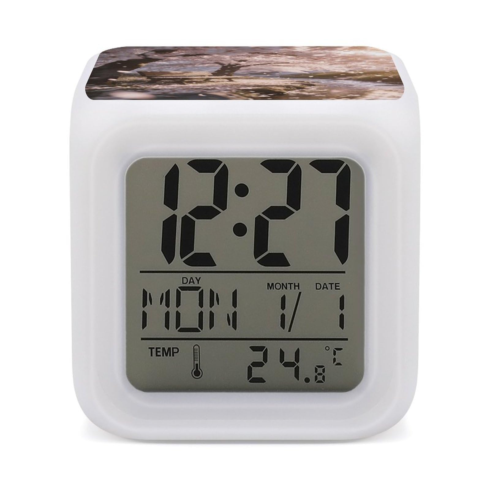 LZQPOEAS Sakura Alarm Clock with 7 Color Changing Nightlight for Bedroom Calendar Temperature Display Wake Up Digital Clock Small Desk Clocks for Heavy Sleepers Adults