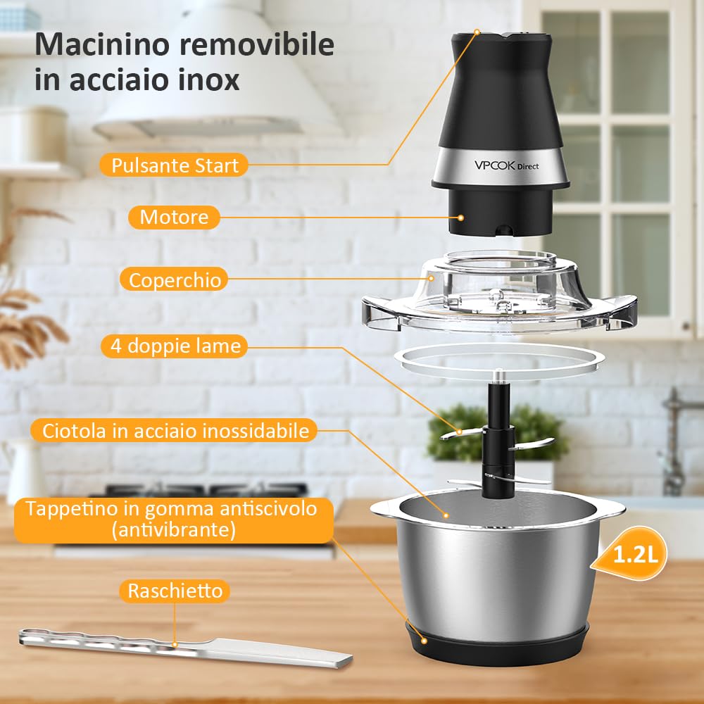 Frullatore Tritatutto Impastatrici Mixer da Cucina Elettrico Multifunzione con 4 Lame in Acciaio Inossidabile 1,2 L 400w
