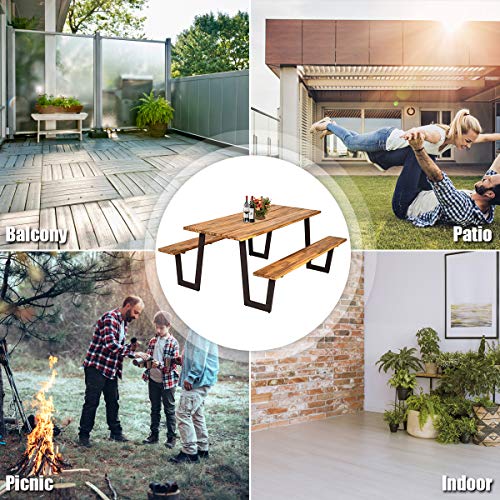 Giantex Picnic Table Bench Set With Umbrella Hole, Outdoor Dining Table Set, 70'' Acacia Wood Picnic Beer Table With Metal Frame Patented (Natural & Black) #TOP6