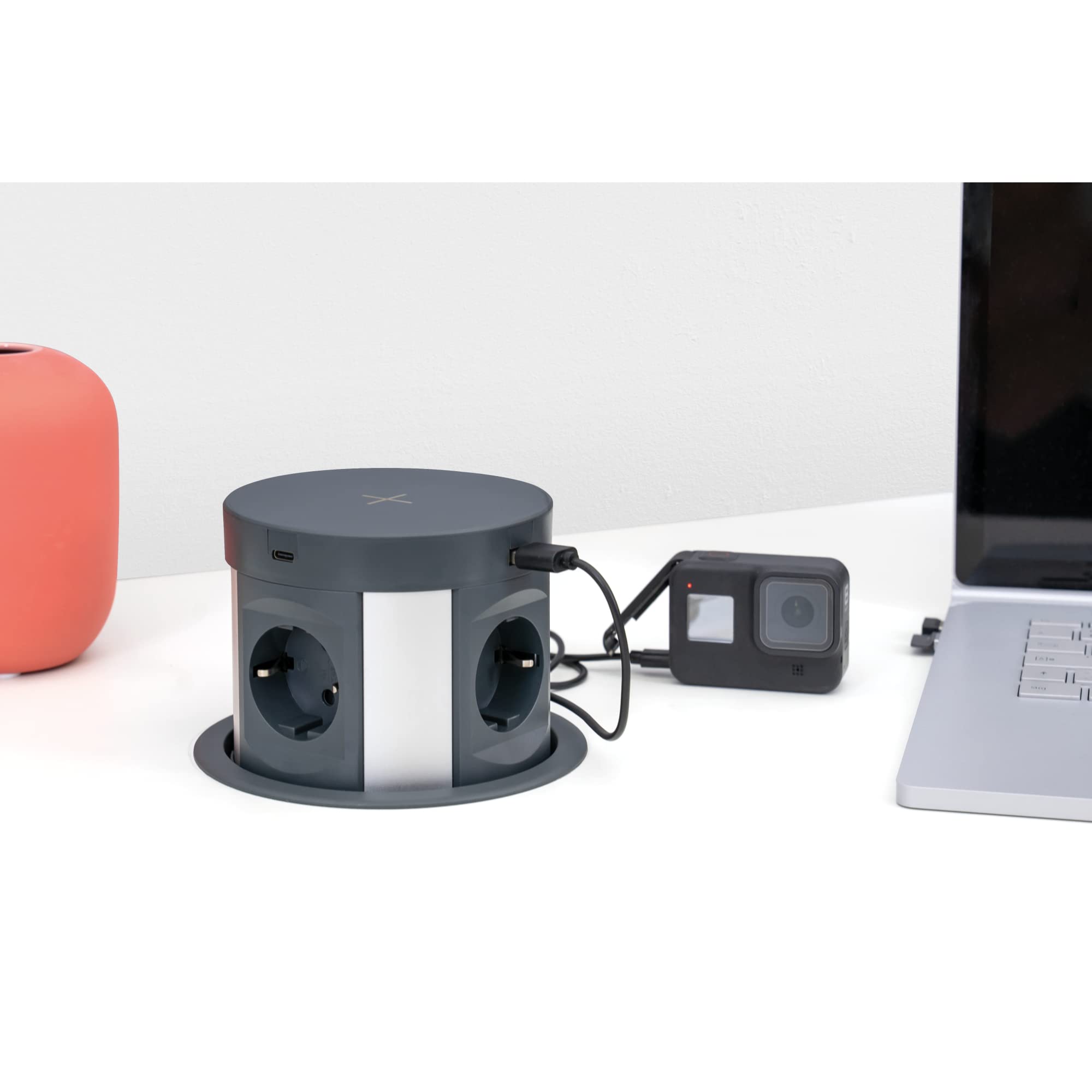 Blaupunkt Tischsteckdose PushUp 4-fach, 2-fach USB-A + 2-fach USB-C , mit induktivem Laden, Anthrazit, 2 Meter