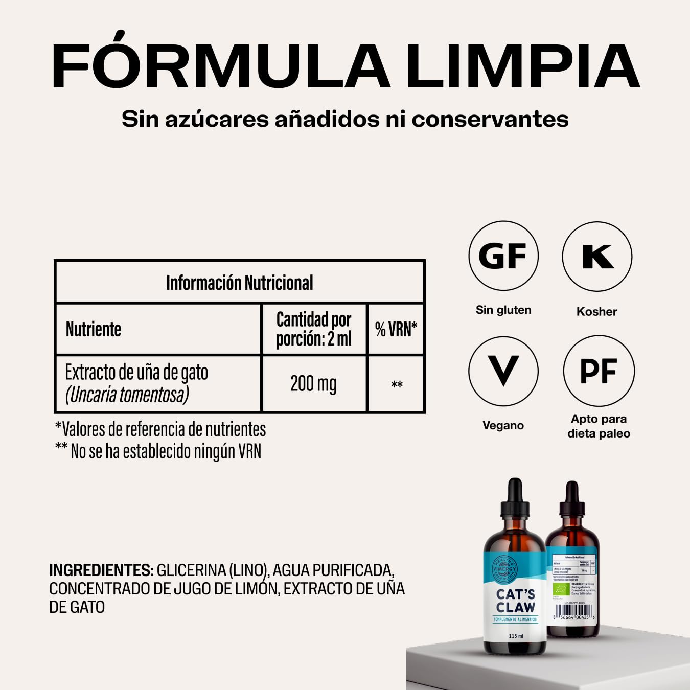 VIMERGY Cat's Claw Orgánico, 115 ml, Uña de Gato Vegano