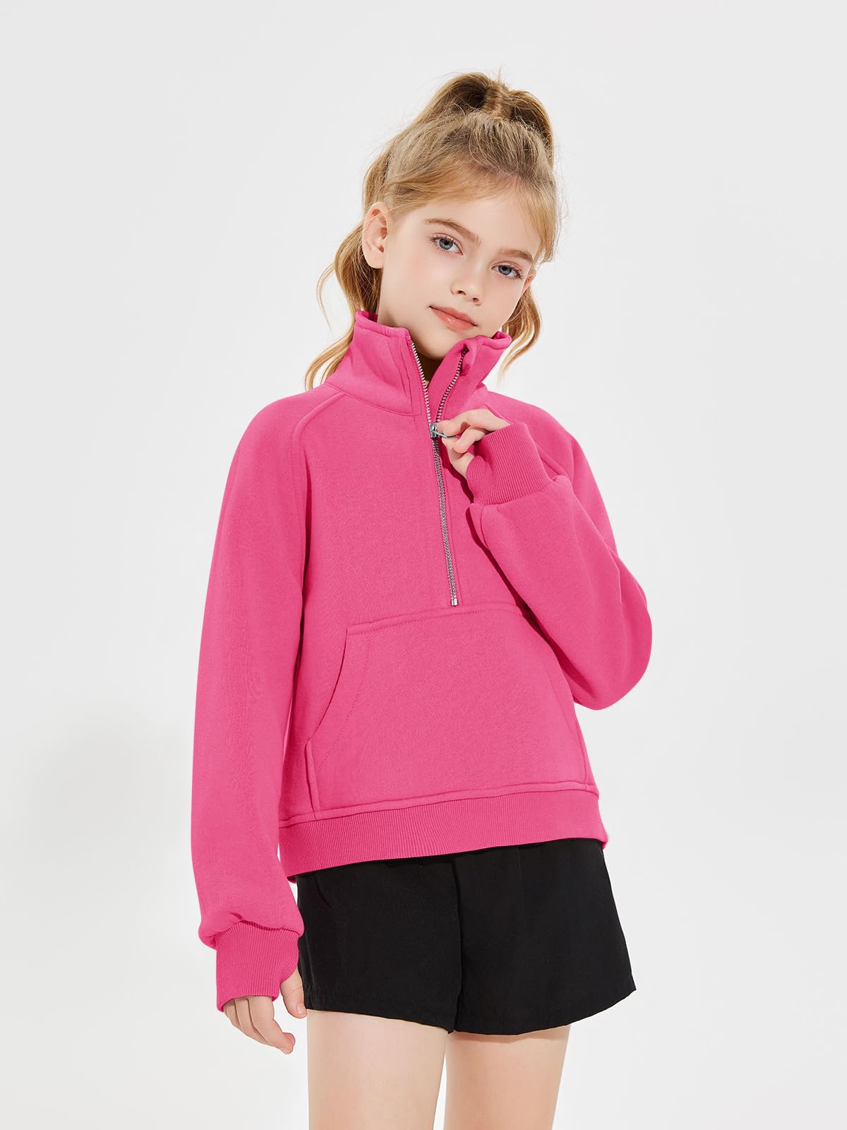 Haloumoning Felpa corta in pile con mezza zip, da bambina, 5-14 anni | Foro per il pollice, maniche lunghe, felpe per bambini, ragazze, vestibilità larga, tasche a marsupio