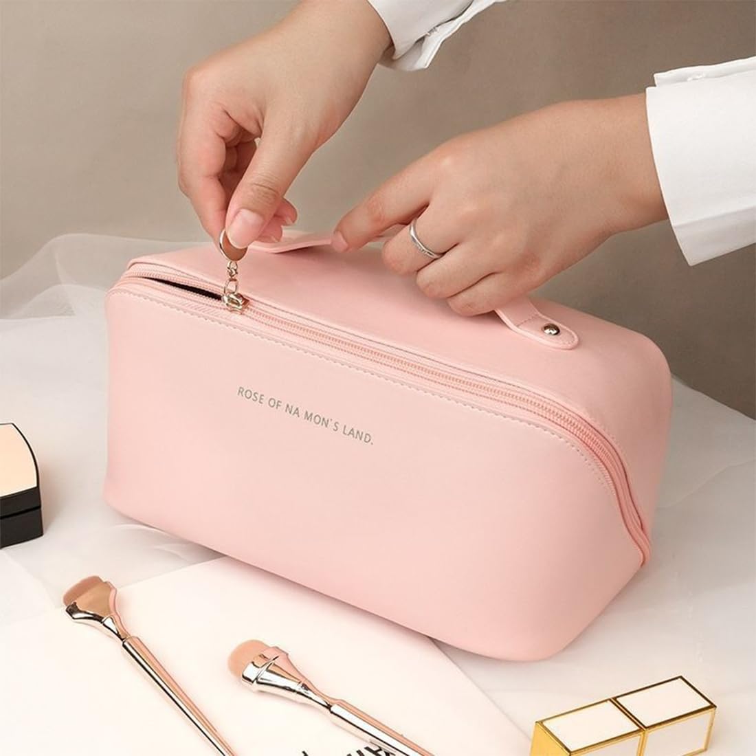 Trousse de Toilette Voyage Grande Capacité Imperméable PU Rose avec Poignée