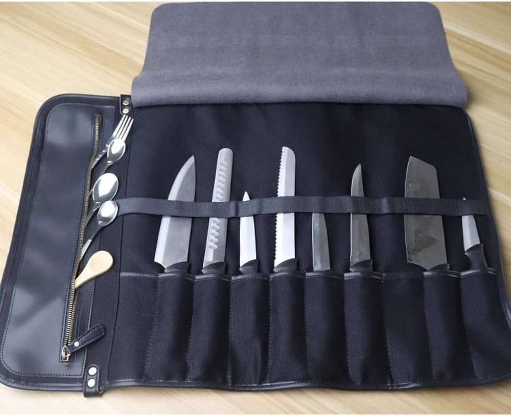 Knife Roll Storage Bag, Portable Leather Knife Roll Storage Bag Chef Case for Camping or Working, 10 Slots Cutlery Knives Holders Protectors(Brown)
