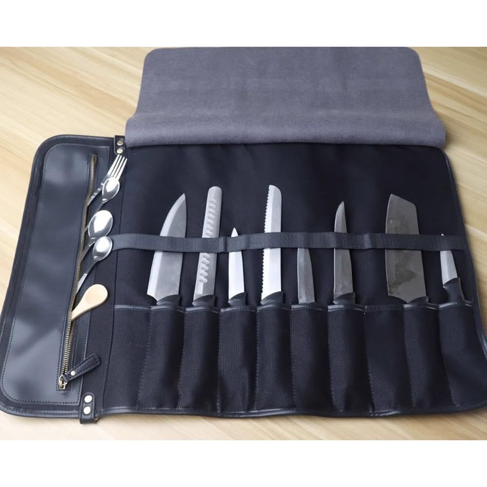 Bolsa Enrollable for Cuchillos, 10 Ranuras for Cuchillos, Funda Protectora, Bolsa Enrollable de Cuero portátil, Estuche de Chef for Acampar o Trabajar.(Brown)