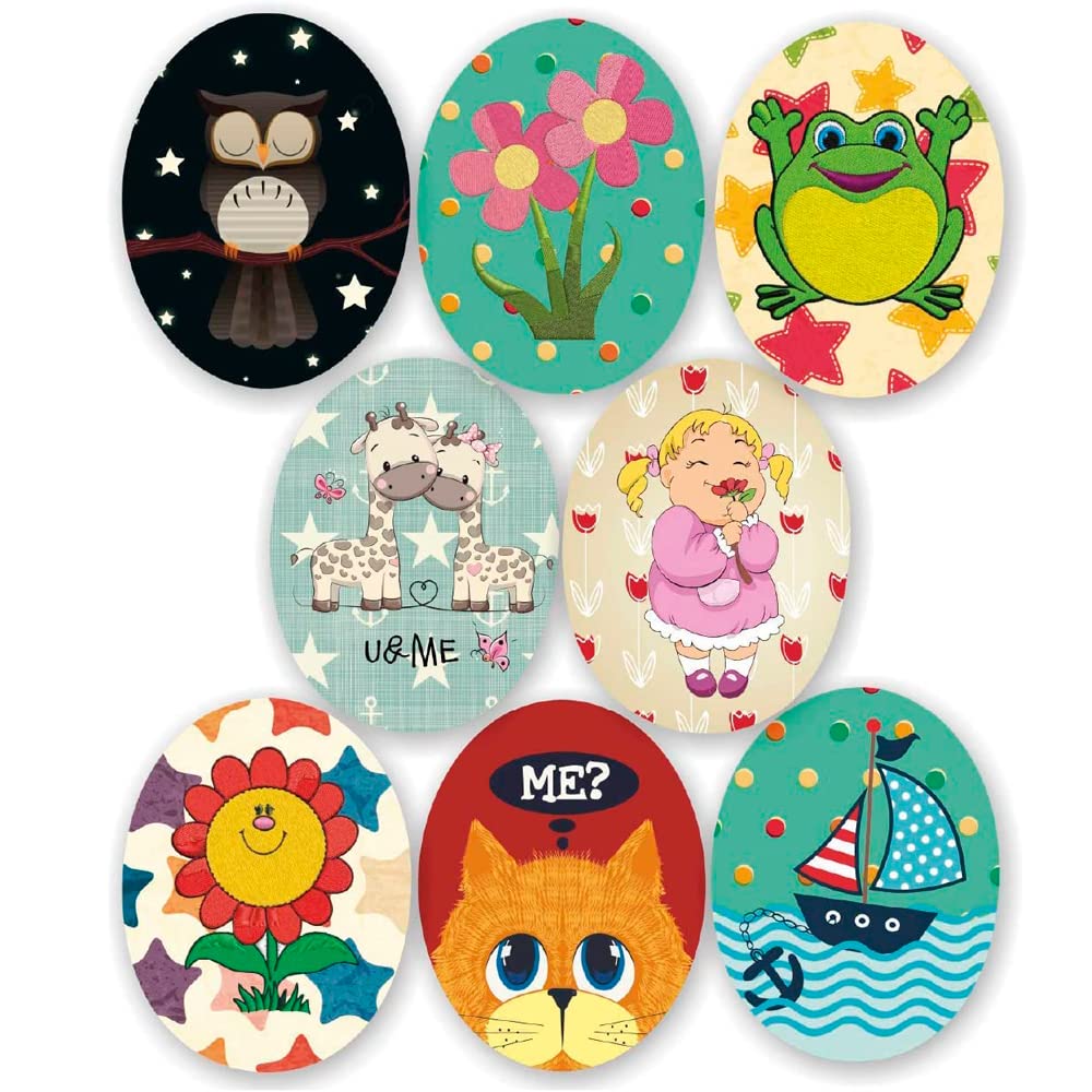 8 Screen-Printed Children's Knee Patches for Ironing onto Clothing. Heat-Adhesive Patches for Repairing and Decorating Trousers, Jackets, and Sweaters. (Drawings)