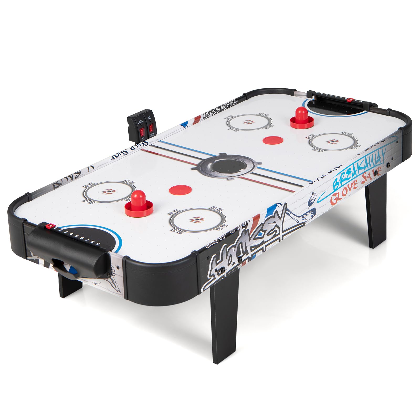 HOMASIS Mini Mesa de de Juego para Airhockey, Mesa de Hockey de Aire con Marcador LED electrónico, Juguete Juego con 2 Discos, 2 Asas y 2 dianas para niños y Adultos, 107x56x30cm, Negro
