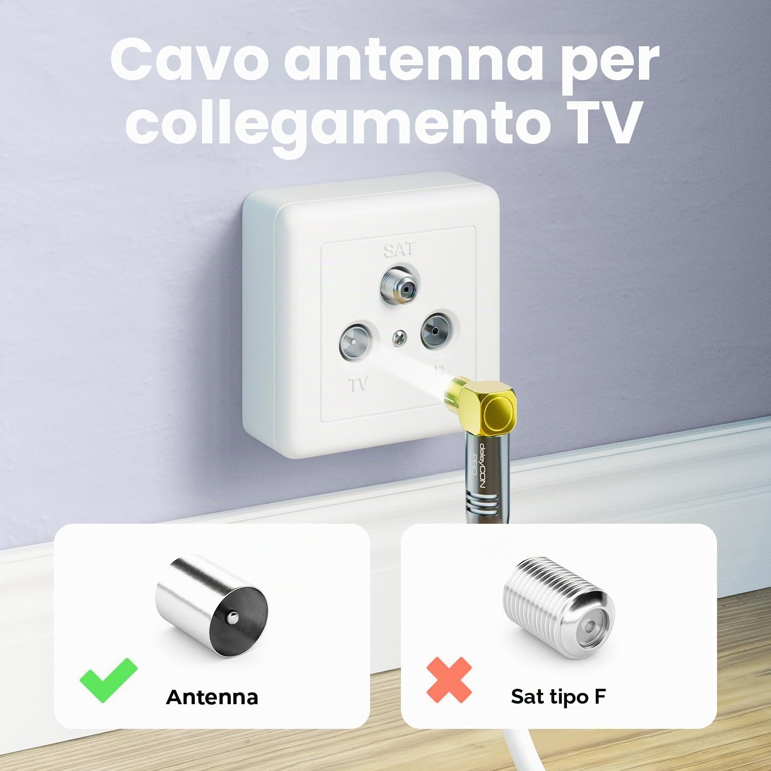 deleyCON 1m Cavo Antenna TV 4K - 4K Ultra HD Full HD HDTV - 2x Angolato - Cavo Coassiale - Spina IEC (90°) a Presa IEC (90°) - Connettori in Metallo - Bianco