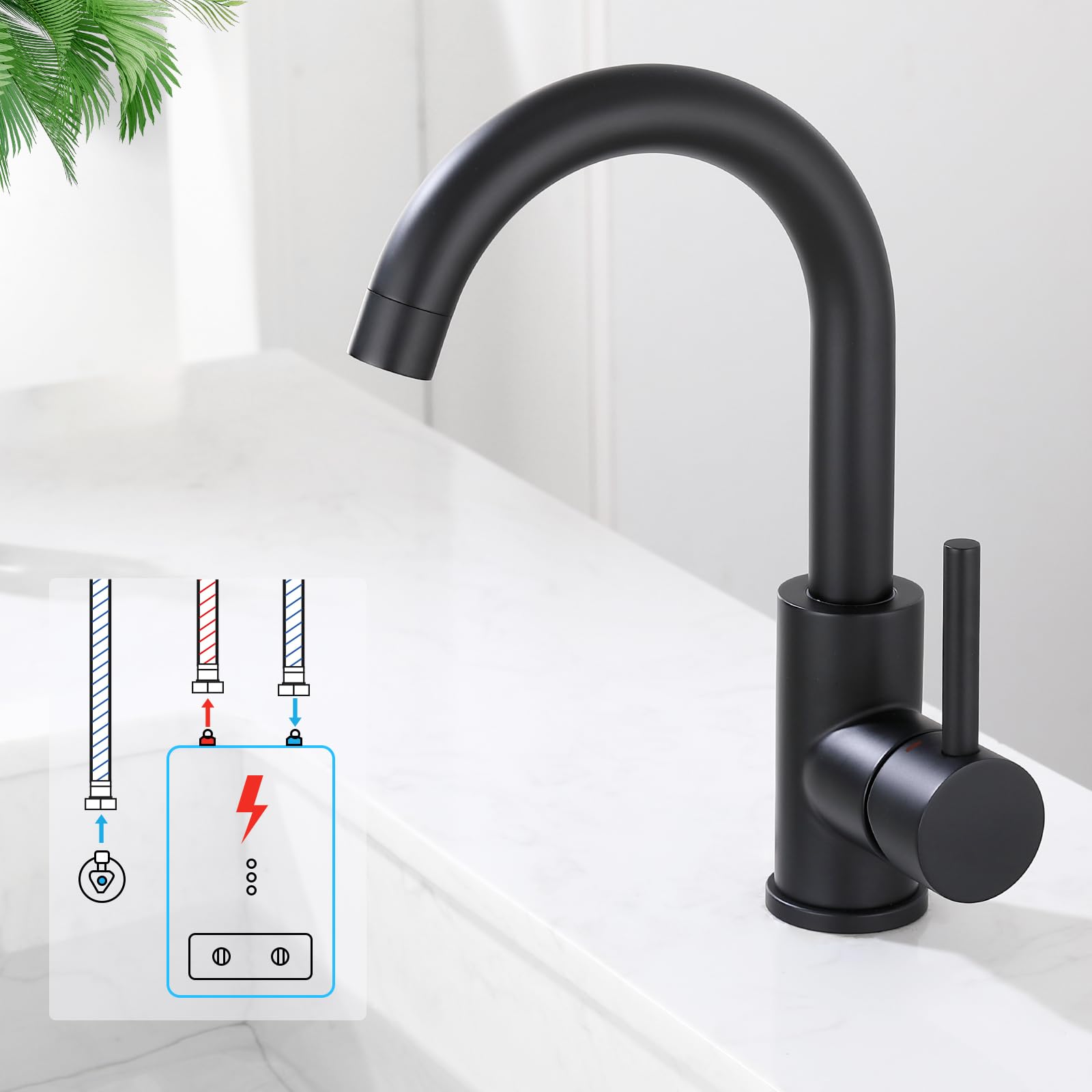 HOMELODY Niederdruck Armatur Bad/Küche Schwarz Waschtischarmatur 360° Drehbar Wasserhahn Bad Armatur Waschbecken Mischbatterie Einhebelmischer Waschbeckenarmatur