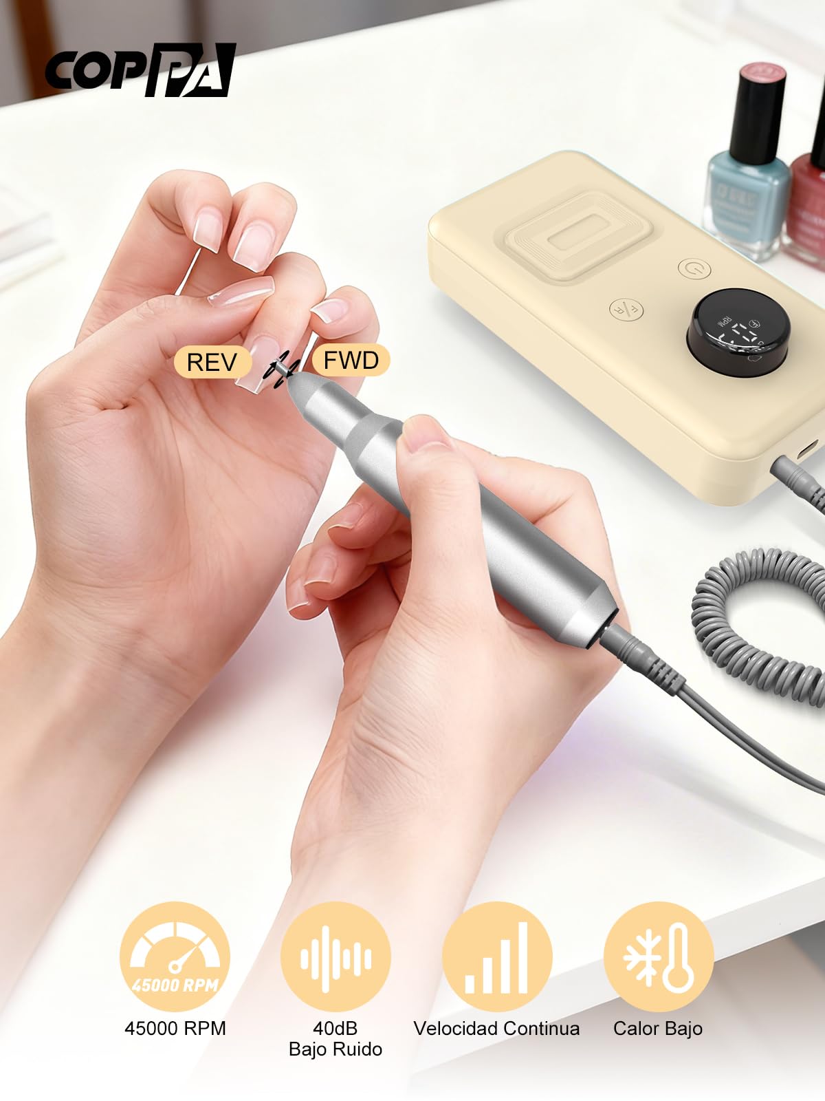 COPPA Torno para Uñas Profesional, NDK106 Lima Eléctrica Uñas con 12 Brocas 31 Bandas, 45000 RPM Velocidad Ajustable Nail Drill Kit para Pulido y Eliminación de gel de Uñas Acrílicas, Salón & Casa