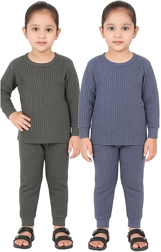 PARILUX Boys &amp; Girls Cotton Thermal Set of 2 - Full Sleeve Top and Bottom | Winter Inner Wear for Kids | Soft &amp; Warm Ribbe...