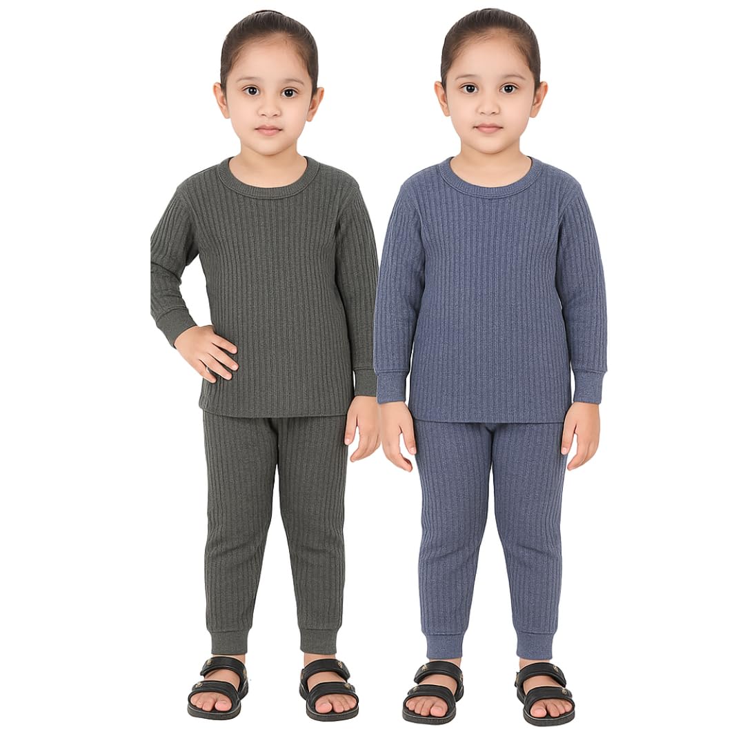 Boys & Girls Cotton Thermal Set of 2 – Full Sleeve Top and Bottom | Winter Inner Wear for Kids | Soft & Warm Ribbed Fabric