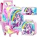 FTJCF 3PCS Rolling Backpack for Girls, Kids Unicorn Roller Bookbag with Wheels, Wheeled School Bag Set for Elementary -Rainbow