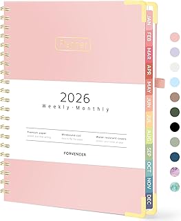Forvencer Planner Jan 2026-Dec 2026, Spiral Hardcover Daily/Weekly & Monthly Calendar Journal/Agenda Book/Organizer Notebook with Inner Pocket & Tabs for Office/Home/School, Pink, A4, 8.5" x 11"