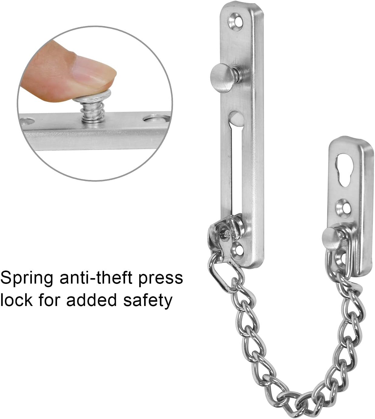 2 Pack Door Chain Lock, KINJOEK Stainless Steel Security Chain Guard with Spring Anti Theft Press Lock, Heavy Duty Polished Door Latch with Screws, Silver