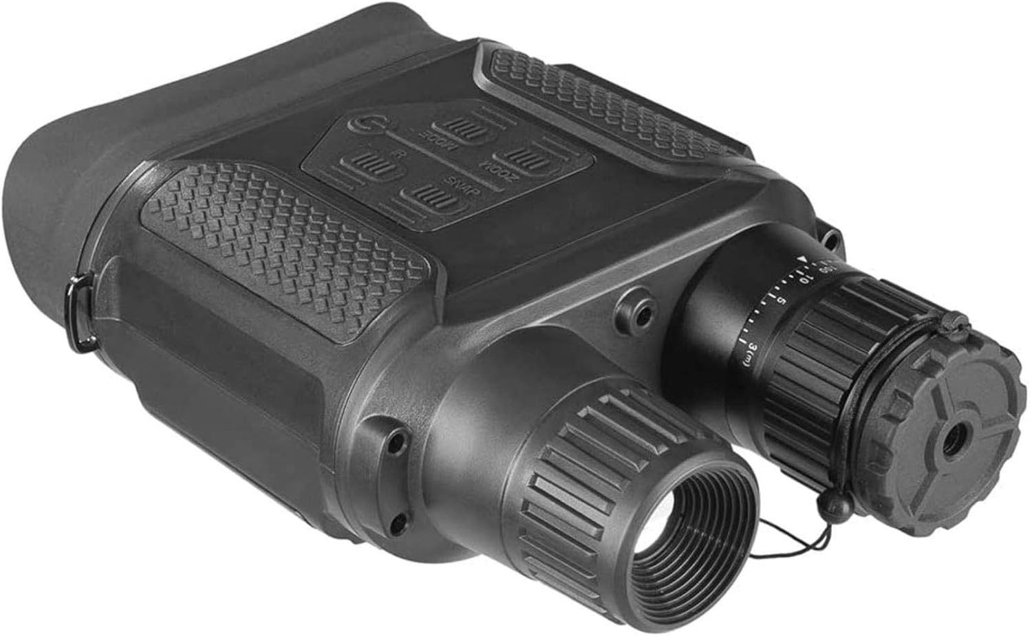 Top-angled view of Nv400b Digital Night Vision Binoculars with control buttons